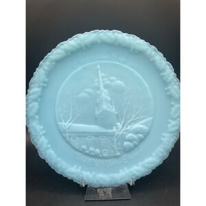 Rare Vtg Fenton Christmas 1976  The Old North Church Boston MA. Blue Satin Plate